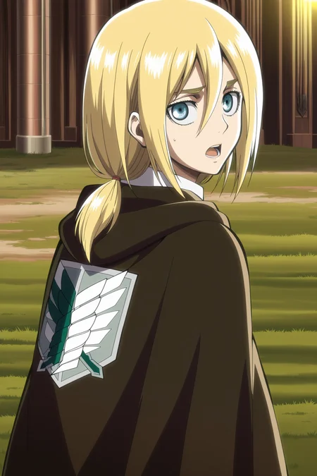 anime screencap, anime coloring, detailed face, masterpiece, best quality, very aesthetic, absurdres, volumetric lighting, official style, amazing quality, ultra detailed,  highres, amazing quality, scenery, beautiful detailed hair, beautiful detailed eyes, detailed fingers,
<lora:Historia_ReissKrista_Lenz_Attack_on_Titan_Seasons_1-3:1>
Historia green cloak season 2 (outfit), Historia Reiss (character), krista lenz, 1girl, survey corps (emblem), blonde hair, solo, paradis military uniform, emblem, looking back, anime coloring, ponytail, blue eyes, hair between eyes, open mouth, short hair
outside, grass