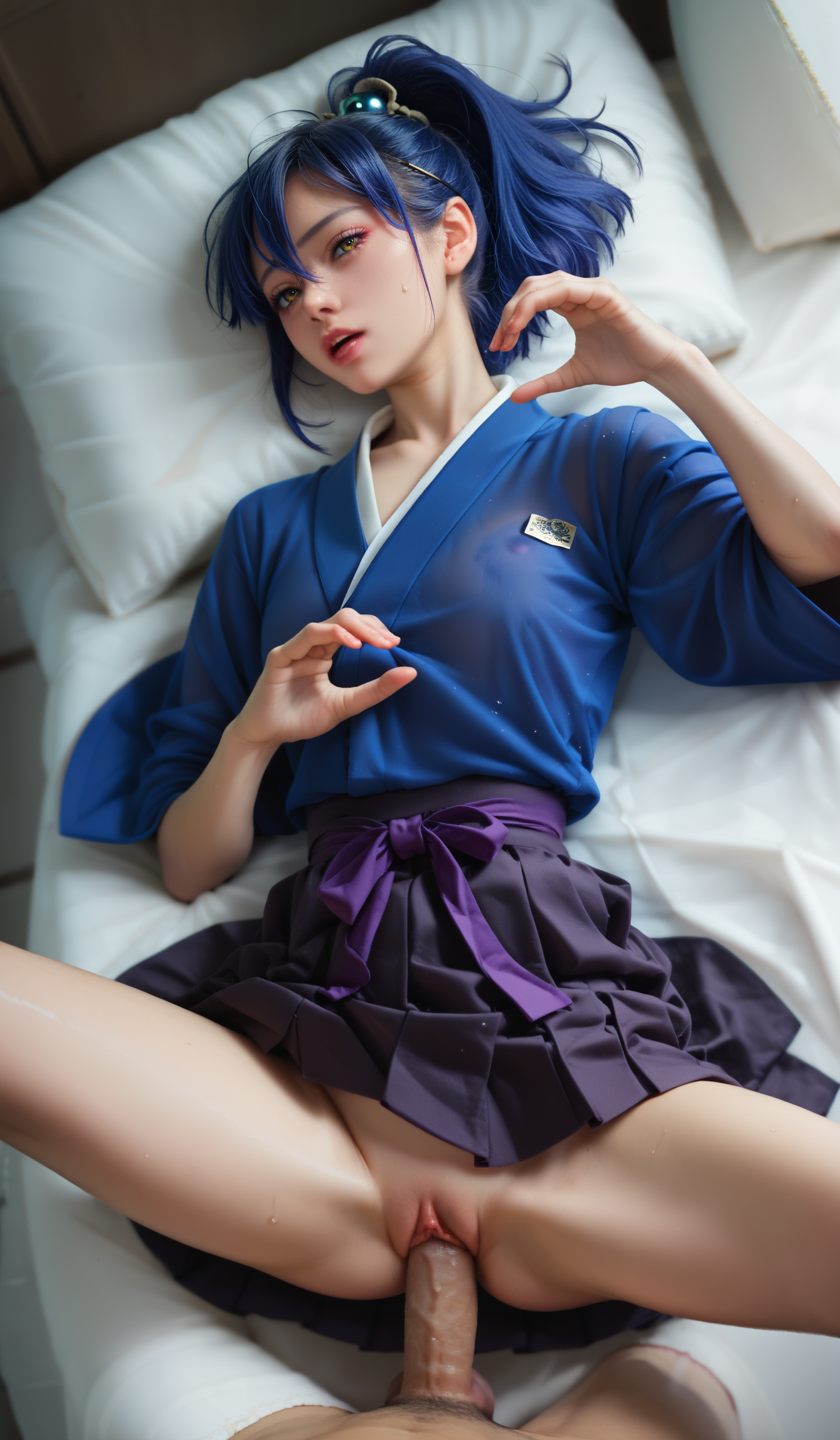 score_9, score_8_up, asian,chinese,
(YamatoxOkita, short hair, hakama skirt, dark blue hair, hair ornament, ribbon, brown eyes, yellow eyes, ponytail, japanese clothes, wide sleeves, dark blue kimono, dark pink hakama,),
(girl having sex in undressing position, penis penetrating pussy, sex, a girl pussy is getting fucked by a penis, vaginal), penis, cock, pussy, sweat,trembling, breast grab,heart hands,sweat,underwear,panty pull,presenting,
(see-through_clothing),(dynamic angle,dynamic pose),shine,glowing,energy coalescing and vibrating,Close-up photo,Lying down,
wearing gown,charming,alluring,seductive,erotic,enchanting,
(,,goggles ),(opalescent intense diamond, lustrous, cobalt, prolonged lifespan, treatment process, rare find, delicate, antique, protection and luck),(night sky, alternate history),