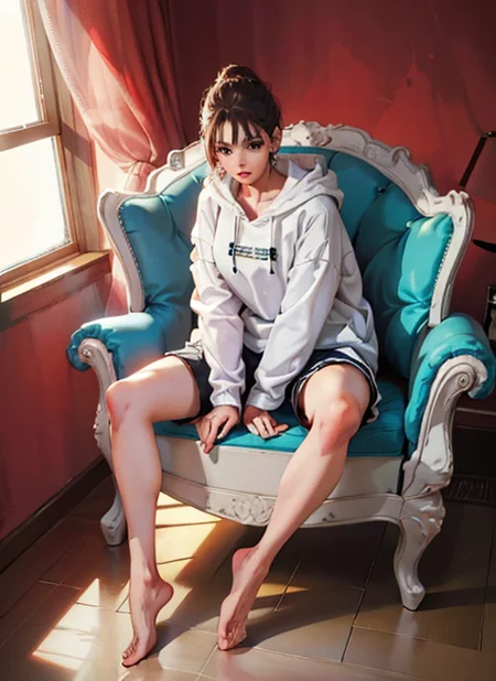 best quality, high resolution, distinct image, (1lady), (solo), Cute woman, sit, armchair, open legs, hands between legs, wearing loose hoodie, shorts, toned legs, barefoot, bedroom, (cinematic lightings:1.3)