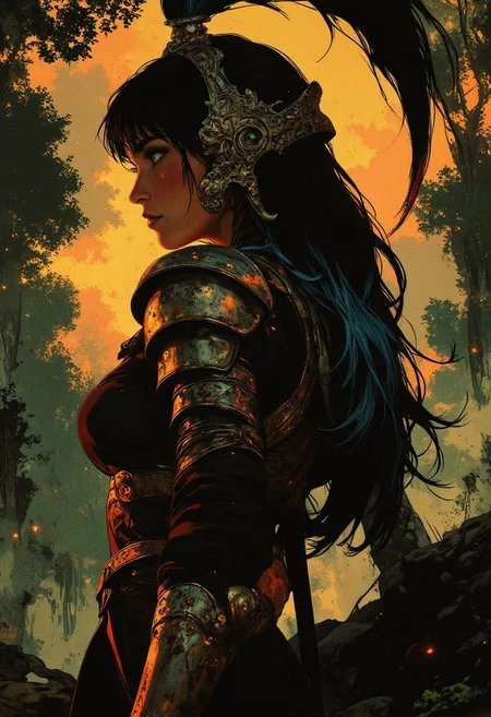 stunning female korean templar knight, long multicoloured hair (dark with blue and red highlights), helf-helm, bangs, dark eyeshadow, red lips, bronze breastplate, shoulder armour, standing in a misty forest at sunset, closeup profile image, High Detail, Perfect Composition, in shadow, high contrast, silhouetted, chiascuro