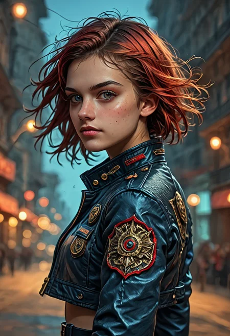 1girl, side view, she is Nausica of the Valley of the Wind, solo, masterpiece, absurdres, best quality, (colorful), cinematic lighting, realistic, dynamic pose, extremely detailed, head turned to look at viewer, red hair, beautiful detailed face,(intricate detailed blue short military jacket with gold inlaid, cleavage,extremely short miniskirt, military black boots), stands alone on the middle of a street with lampposts and burning fires in the background, solo, masterpiece, absurdres, dynamic pose, the Sun shines over her, sun rays in her hair,subsurface scattering, remarkable color, ultra realistic, textured skin, remarkable detailed pupils, realistic dull skin noise, visible skin detail, skin fuzz, dry skin, bokeh, sharp focus on subject. no headgear,extremely detailed, looking at viewer, beautiful detailed face, subsurface scattering, remarkable color, ultra realistic, textured skin, realistic dull skin noise, visible skin detail, skin fuzz, dry skin, bokeh, sharp focus on subject.