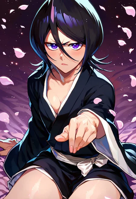 score_9, score_8_up, score_7_up, score_9, BREAK <lora:rukia:1> rukiaSDXL, 1girl, solo, looking at viewer, short hair, black hair, long sleeves, hair between eyes, purple eyes, japanese clothes,white ribbon, wide sleeves, kimono, petals, black kimono, kuchiki rukia, sitting, ((nip slip)),