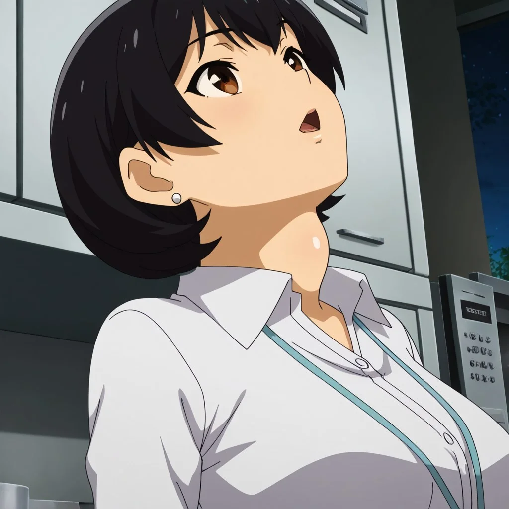Photorealistic. score_9, score_8_up, score_7_up, 1girl,solo,mm,mature female,short hair,black hair,brown eyes,earrings,breasts,anime coloring, office lady,white shirt,upper body,
,masterpiece,best quality,amazing quality,<lora:Yui_Yamanobe-Akogare_no_Onna_Joushi_ga_Aibeya_Shucchou_no_Tonari_no_Bed_de_Zetsurin_Otoko_ni_Netorarete_Iru-IL:0.8>r, full_body_view
(SwallowingLargeObject, throat bulge), looking up, kitchen, night, Put the egg in your mouth, open mouth,
<lora:SwallowingLargeObject:0.85>,