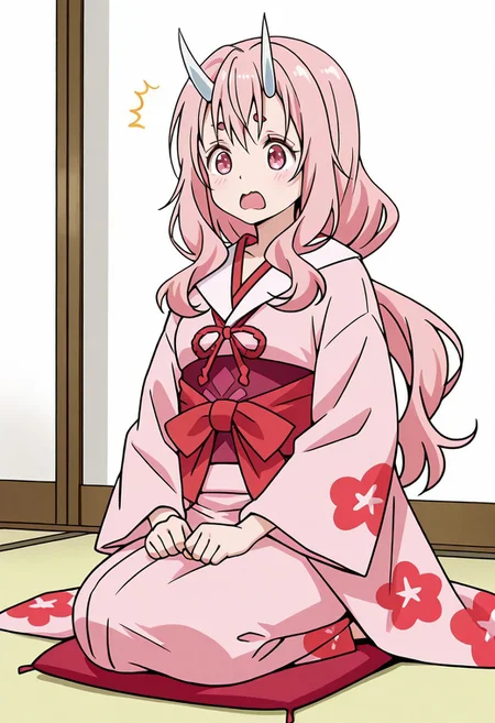solo, woman, shuna, oni, long hair, pink hair, pink eyes, white horns, kimono, ><, seiza style, traditional japanese indoor, high quality, best quality, masterpiece, 4k resolution, anime