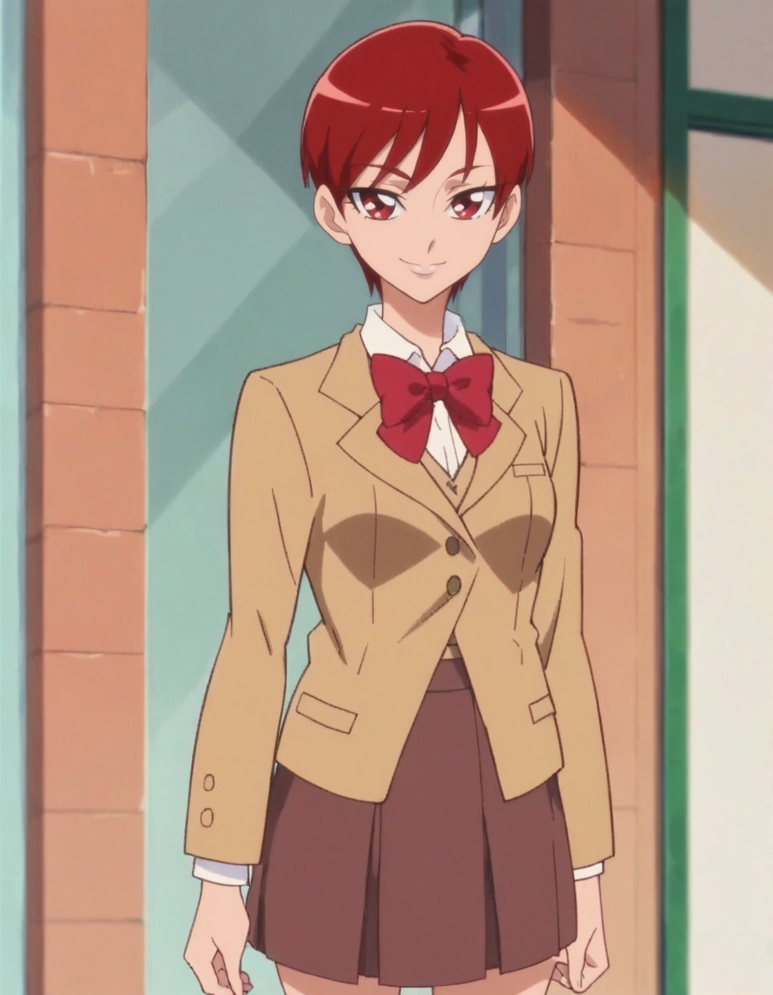 score_9, score_8_up, score_7_up, anime screencap, solo,1girl,kenjouakira,school uniform,brown skirt,brown blazer,  jacket, bow, smile,   looking at viewer,   cowboy shot,wide hip,medium breasts,<lora:kenjouakira:0.8>