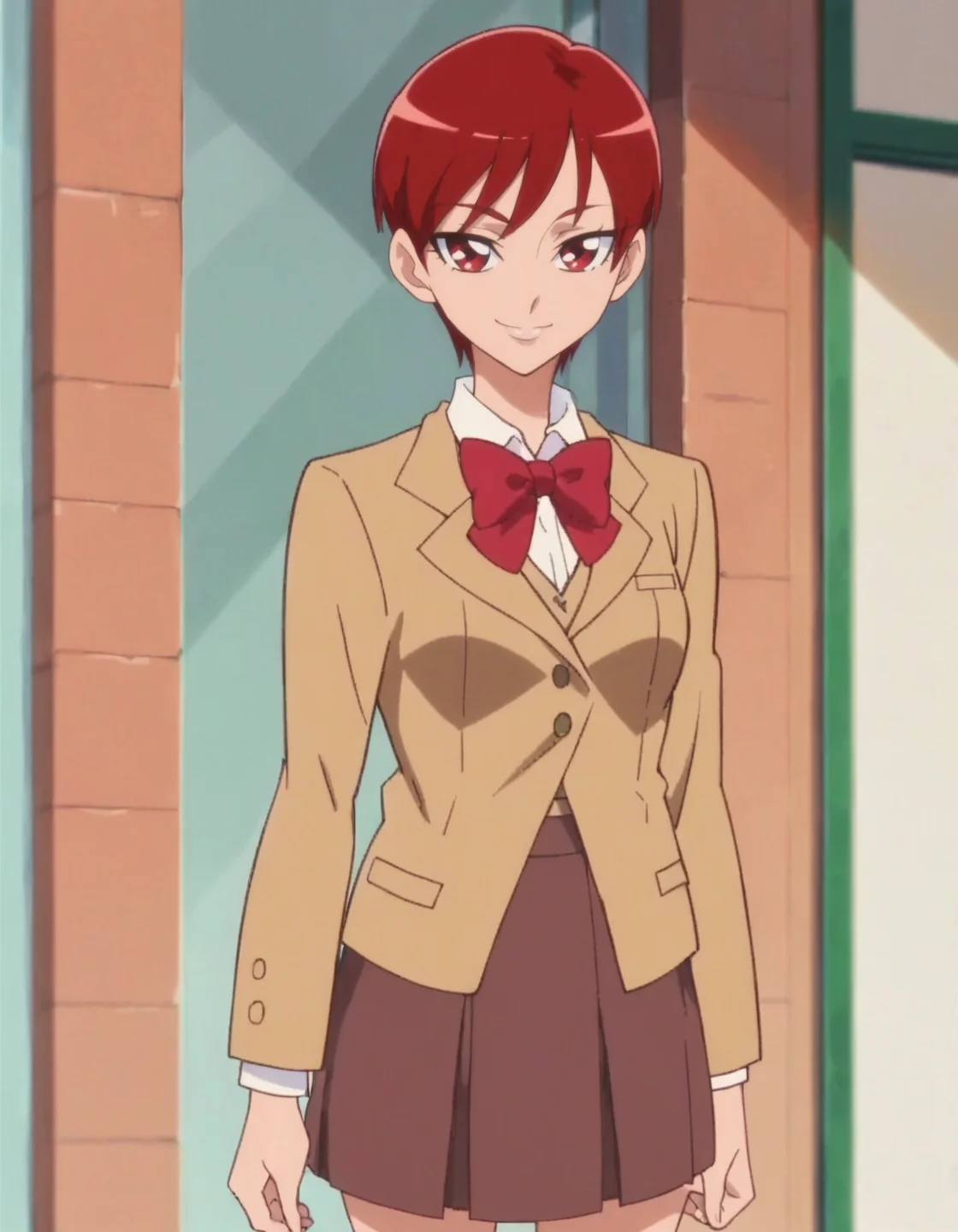 score_9, score_8_up, score_7_up, anime screencap, solo,1girl,kenjouakira,school uniform,brown skirt,brown blazer, jacket, bow, smile, looking at viewer, cowboy shot,wide hip,medium breasts,<lora:kenjouakira:0.8>