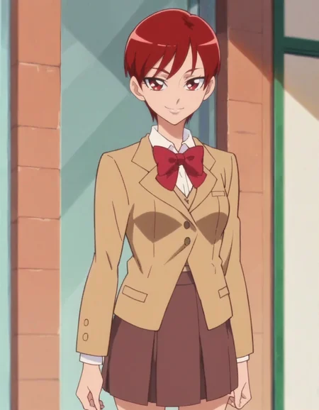 score_9, score_8_up, score_7_up, anime screencap, solo,1girl,kenjouakira,school uniform,brown skirt,brown blazer, jacket, bow, smile, looking at viewer, cowboy shot,wide hip,medium breasts,<lora:kenjouakira:0.8>