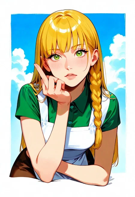 1girl, long hair, straight hair, yellow hair, single braid, side braid, green eyes, small breasts,long skirt, brown skirt, green blouse, short sleeves, white apron, poptepipic, solo, full lower lip, head rest, middle finger, looking at viewer, upper body, from above, three quarter view, cropped torso, sky, cloud, masterpiece, best quality, very aesthetic