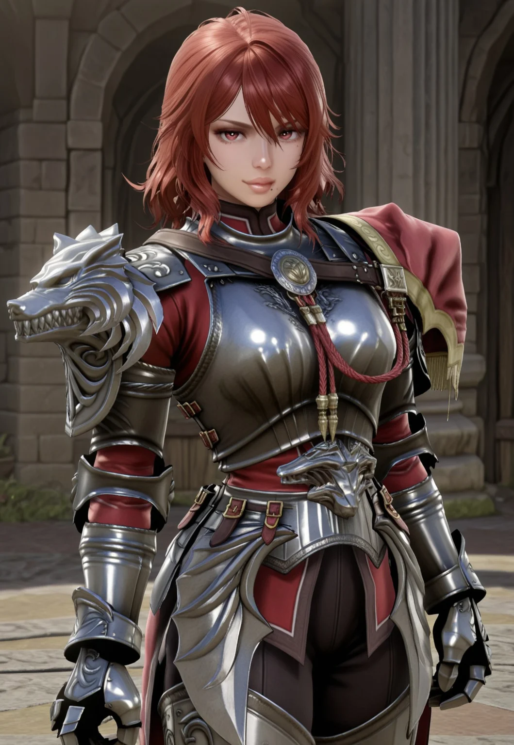 masterpiece, best quality, 2.5d, anime, cowboy shot, half smile, 1girl, solo, scfourhilde, red hair, lips, mole, breastplate, armor, gauntlets, asymmetrical shoulder armor, greaves,