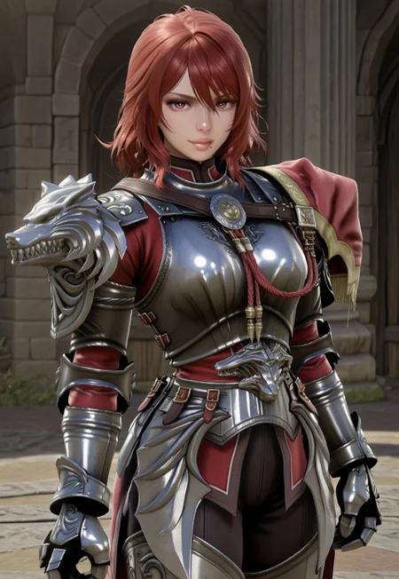 masterpiece, best quality, 2.5d, anime, cowboy shot, half smile, 1girl, solo, scfourhilde, red hair, lips, mole, breastplate, armor, gauntlets, asymmetrical shoulder armor, greaves,