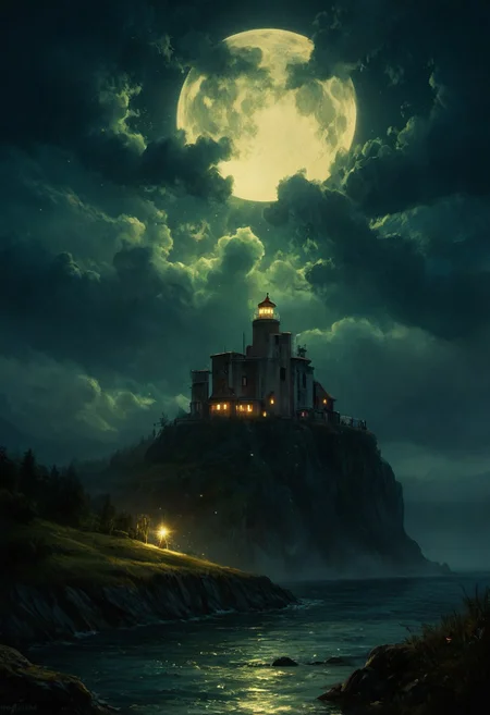 score_9, score_8_up, score_7_up, Under the eerie glow of a full moon, a dark and ominous landscape unfolds. A vibrant, colorful ship stands by the edge of a serene ocean, its vivid hues contrasting starkly with the foreboding atmosphere. In the background, a lighthouse stands atop jagged rocks, its light cutting through the darkness and reflecting off the ocean's surface, glistening in the moonlight. Thick, swirling clouds loom overhead, adding to the sense of an evil presence. The moonlight filters through the clouds, casting an otherworldly glow over the scene. A falling star streaks across the sky, adding a touch of mysticism to the night. The air is thick with a sense of ancient secrets and dark magic, as if the very night is alive with hidden power. romantic impressionism,dream scenery art,beautiful oil matte painting,romantic,style of thomas kinkade,beautiful digital painting,anime landscape,romantic painting,dreamlike digital painting,colorful painting,beautiful gorgeous digital art,style of greg rutkowski,janek sedlar,jenny saville