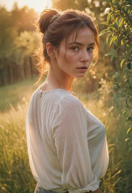 highly detailed and hyper realistic photo, by nan goldin, infrared photography, soaked_tea_brand, amidst beautiful apple trees with ripe apples, Stretching, a freckled natural busty brunette haired freckled 38yo British Woman with messy ponytail in high Grass, infront of the atmospheric sunrise, see through long white boho inspired blouse, sexy body silhouette, limited dark palette, vibrant colors, faded, atmospheric haze, highly dramatic cinematic lighting, motion blur, film grain,  professional, excellent composition, finest details, maximized details, ultimate detail level, masterpiece, best quality, ISO 300, 1/250s, F/2,8, 38 mm, extremely high quality RAW photograph, 4k, sharp focus, high resolution, 8k UHD, DSLR, high quality, film grain, Fujifilm XT3