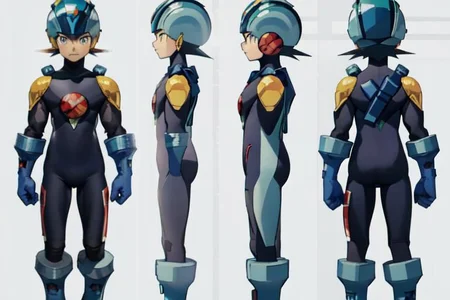 (masterpiece, official art, simple background, full body, standing, chara-sheet), best quality, megaman, (dark blue boots), (red headwear, dark blue helmet), (indigo bodysuit:1.5), covered collarbone, yellow pauldron, (dark blue gloves), (green eyes), (red circular chest piece), muscular, large pectorals, thick thighs