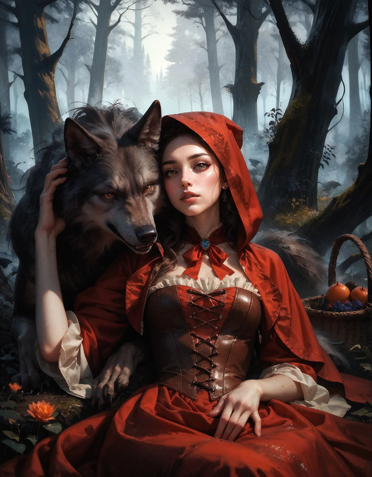 score_9, score_8_up, score_7_up, score_6_up, score_5_up, score_4_up,  realistic, 3/4 pic, 19 year old sexy woman, brown eyes, Little red riding hood, sitting under a tree, (((big dark wolf laying beside her))), dark forest, looking at viewer, she has a wicker basket with a lid beside her, orange brown leather corset, short red mini skirt, skirt floating in wind, big round breast, seductive body, cute sexy pose, petite body, flirtatious look, forest background, 8k detail, smooth image, detailed face,
