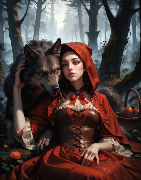 score_9, score_8_up, score_7_up, score_6_up, score_5_up, score_4_up,  realistic, 3/4 pic, 19 year old sexy woman, brown eyes, Little red riding hood, sitting under a tree, (((big dark wolf laying beside her))), dark forest, looking at viewer, she has a wicker basket with a lid beside her, orange brown leather corset, short red mini skirt, skirt floating in wind, big round breast, seductive body, cute sexy pose, petite body, flirtatious look, forest background, 8k detail, smooth image, detailed face,