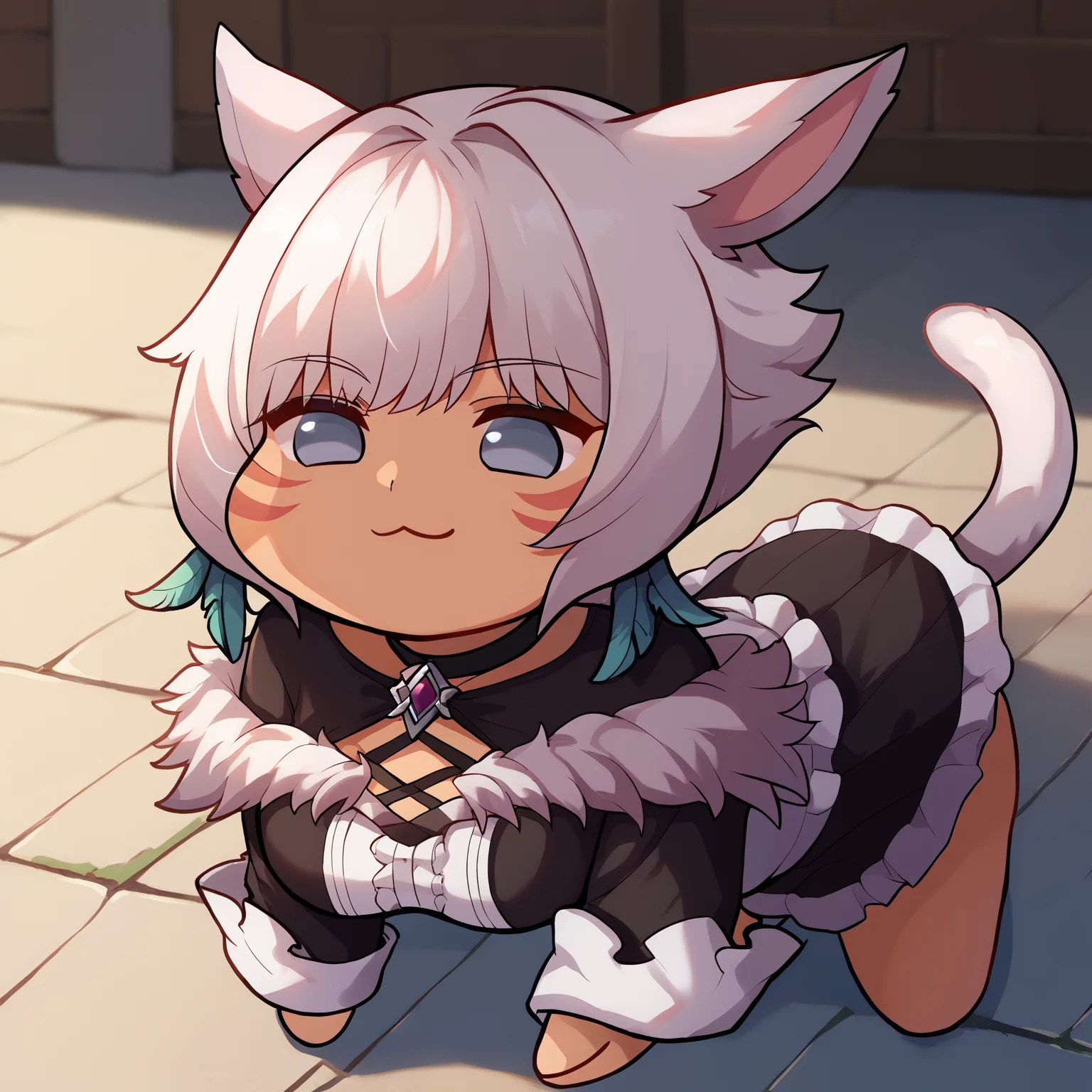 score_9, score_8_up, score_7_up, 1girl, solo, shtla, dark-skinned female, animal ears, tail, whisker markings, short hair, large breasts, <lora:YshtolaRhulPDXL_V1-Manityro-CAME:1.0>,
grey eyes, white hair, shaOtft, feather earrings, brooch, black halterneck, black choker, black shrug, black dress, fur-trimmed dress, fur trim, wide sleeves,
<lora:Doro_X_PDXL_V1:1.1>, doro, creature, :3, chibi, no humans, four legs, solid circle eyes, no pupils, smug, from side, on ground,
outdoors,