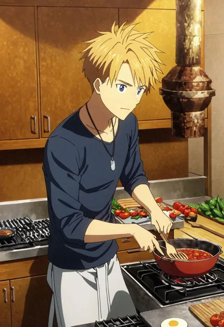 high resolution, professional photography, best quality, 1Boy, Yamato Ishida, blond hair, deep blue eyes, necklace, cooking, kitchen, OverallDetail