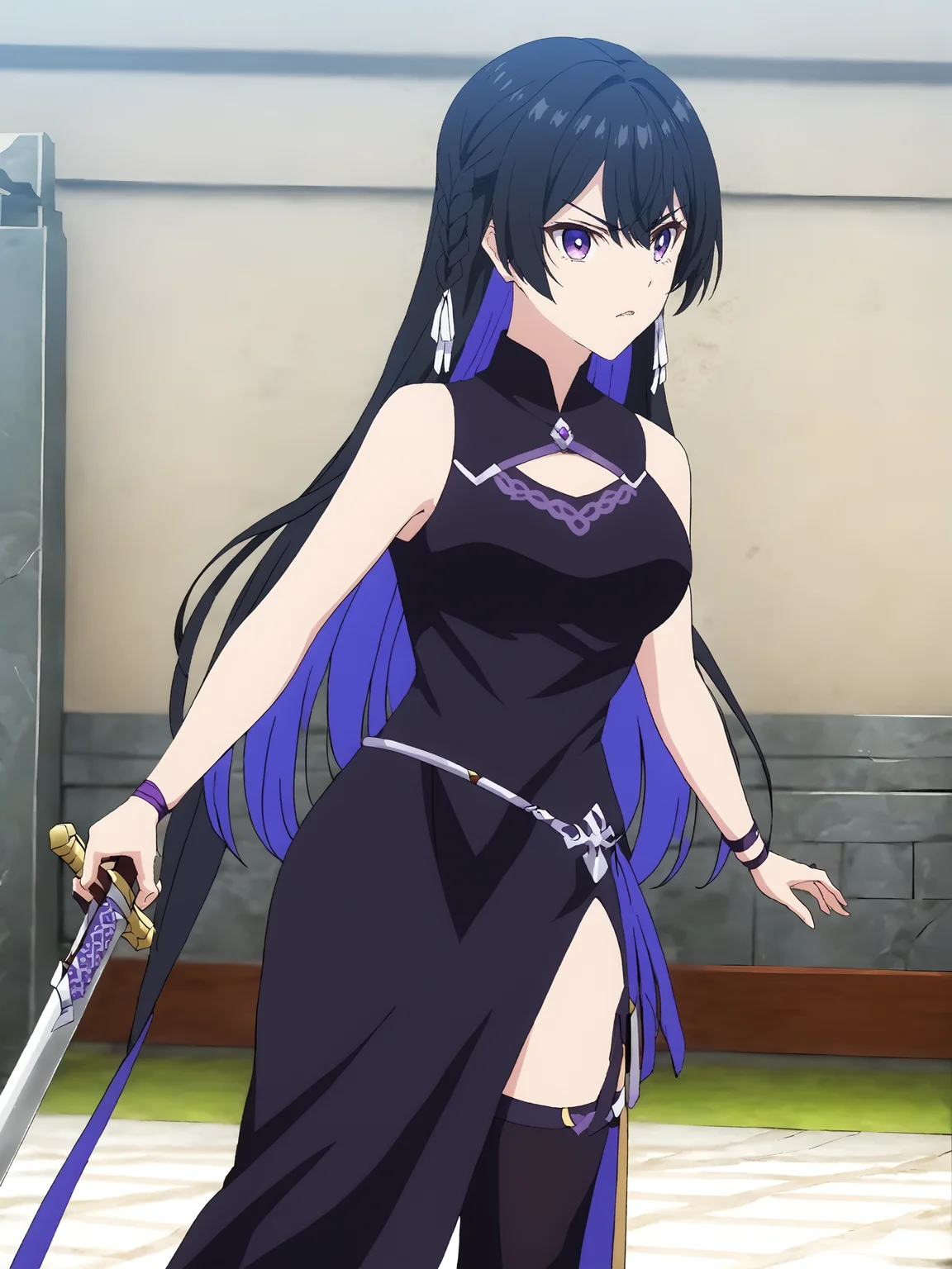 masterpiece, best quality,
<lora:tinasha.sdxl.v3:1> tinasha,
1girl, solo,
purple armband,
black dress, sleeveless, chinese dress,
black thighhighs,
clothing cutout,
fighting stance, sword, scabbard,
standing,