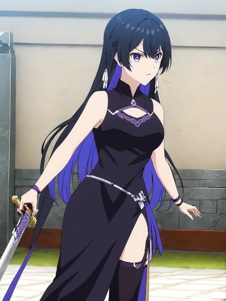 masterpiece, best quality,
<lora:tinasha.sdxl.v3:1> tinasha,
1girl, solo,
purple armband,
black dress, sleeveless, chinese dress,
black thighhighs,
clothing cutout,
fighting stance, sword, scabbard,
standing,