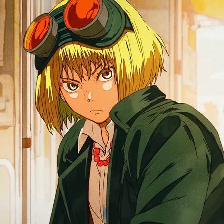 Gumi, Gumi Megpoid, solo, looking at viewer, short hair, blonde hair, shirt, jewelry, closed mouth, jacket, yellow eyes, upper body, necklace, goggles, goggles on head <lora:Gumi-000005:1>