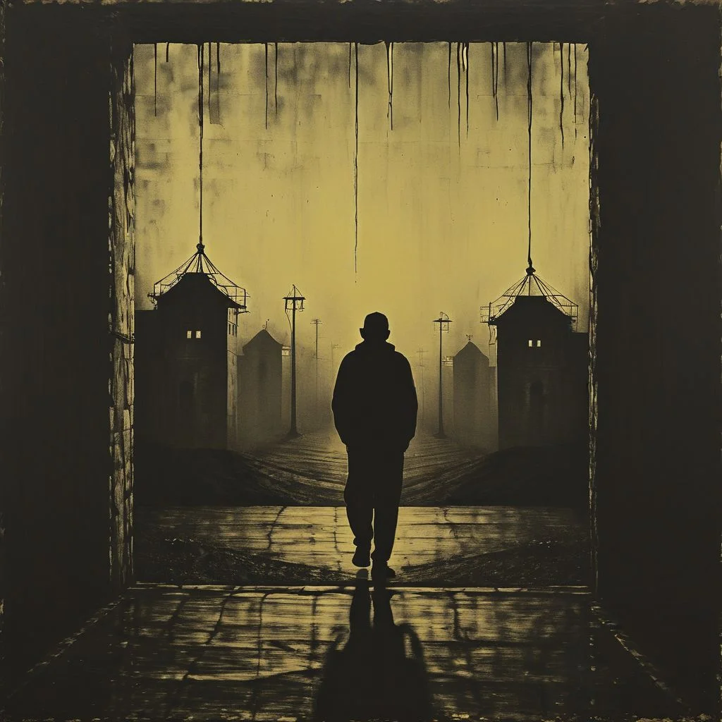 siluete, prison, landscape, person at doors, oriantal, techno, cell, hope, prison, ,8k, master piece, Cinematic, Beautiful Lighting, trending on Devianart, surreal Art, Fantasy, Digital Art, Impressionistic, Surrealist,