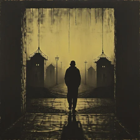 siluete, prison, landscape, person at doors, oriantal, techno, cell, hope, prison, ,8k, master piece, Cinematic, Beautiful Lighting, trending on Devianart, surreal Art, Fantasy, Digital Art, Impressionistic, Surrealist,