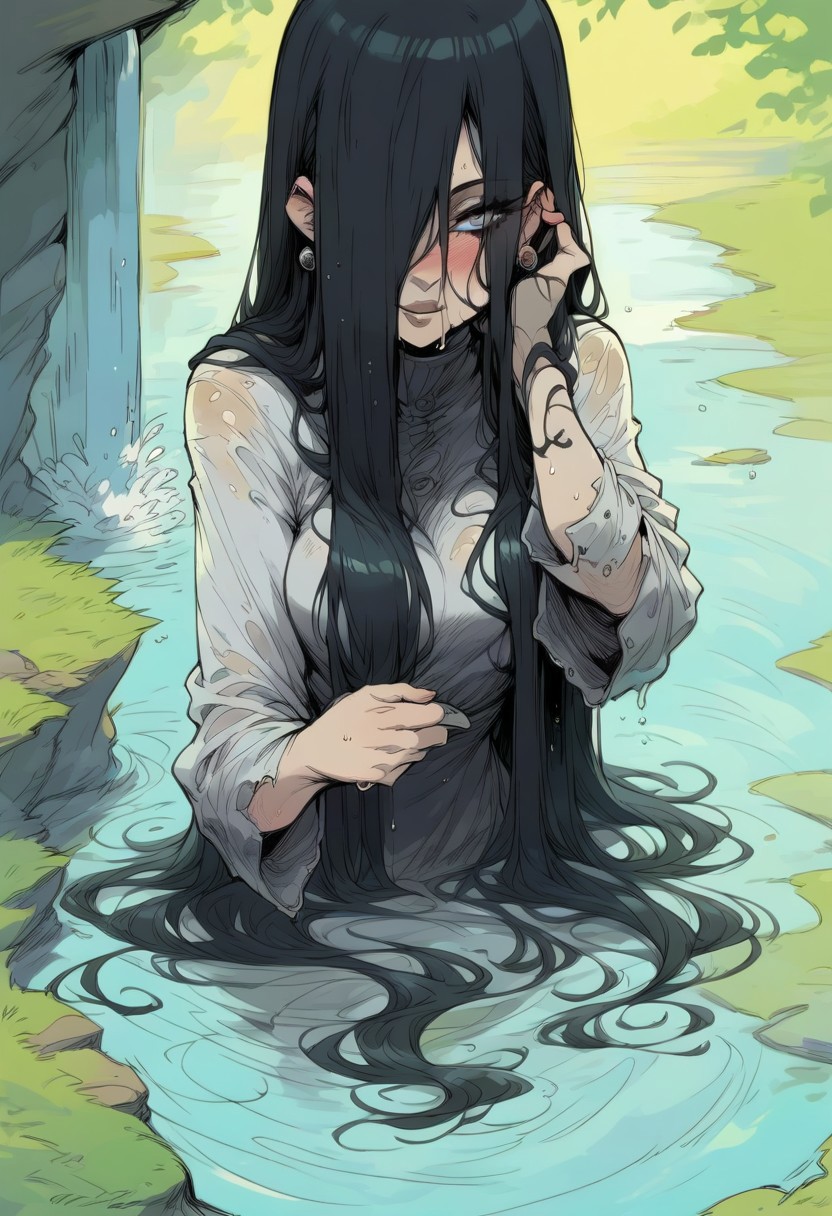 Rating_sfw, score_9, score_8_up, score_7_up, score_6_up, score_5_up, score_4_up,
best quality, highly detailed, intricate details, extremely detailed, smooth lines,
...
1woman, theonryoxl,long black hair,pale skin,white stary eyes,evil smile,very long hair,((hair over one eye)) ,hair between eyes, dirty white dress with sleeves,skin tight,wet clothes, dirt, (hourglass body), large breasts, (firm breasts), on water, long hair, (black hair), front view,hair covering chest, ((convenient_sensoring)) 
...
(looking at viewer), thick lips, parted lips, covered, earrings, (full body), blushed, focus on face,
...
abstract background, sunlight, water, waterfall,