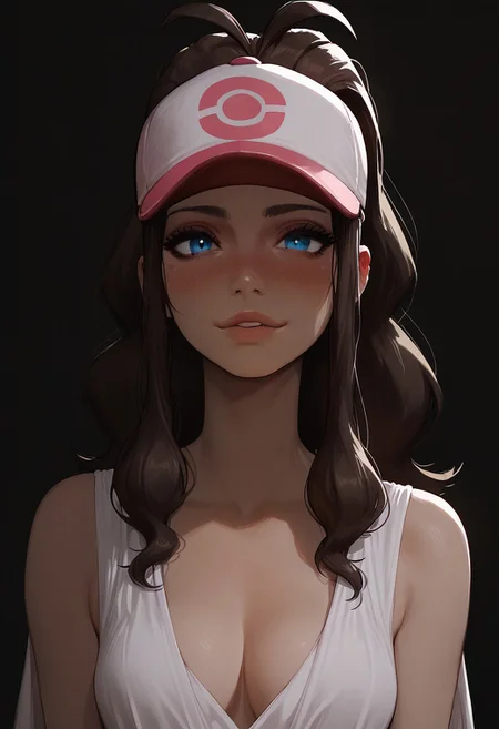 score_9, score_8_up, score_8. score_9, score_8_up, score_7_up, score_6_up, masterpiece, 4k, high quality, (best quality:1.1), ExpressiveH,(close up)
1girl, pokemonhilda, blue eyes, brown hair, long hair, ponytail, baseball cap, medium breasts, blushing, looking at viewer, seductive smile, g0dd3ss, white dress, cleavage
black background
