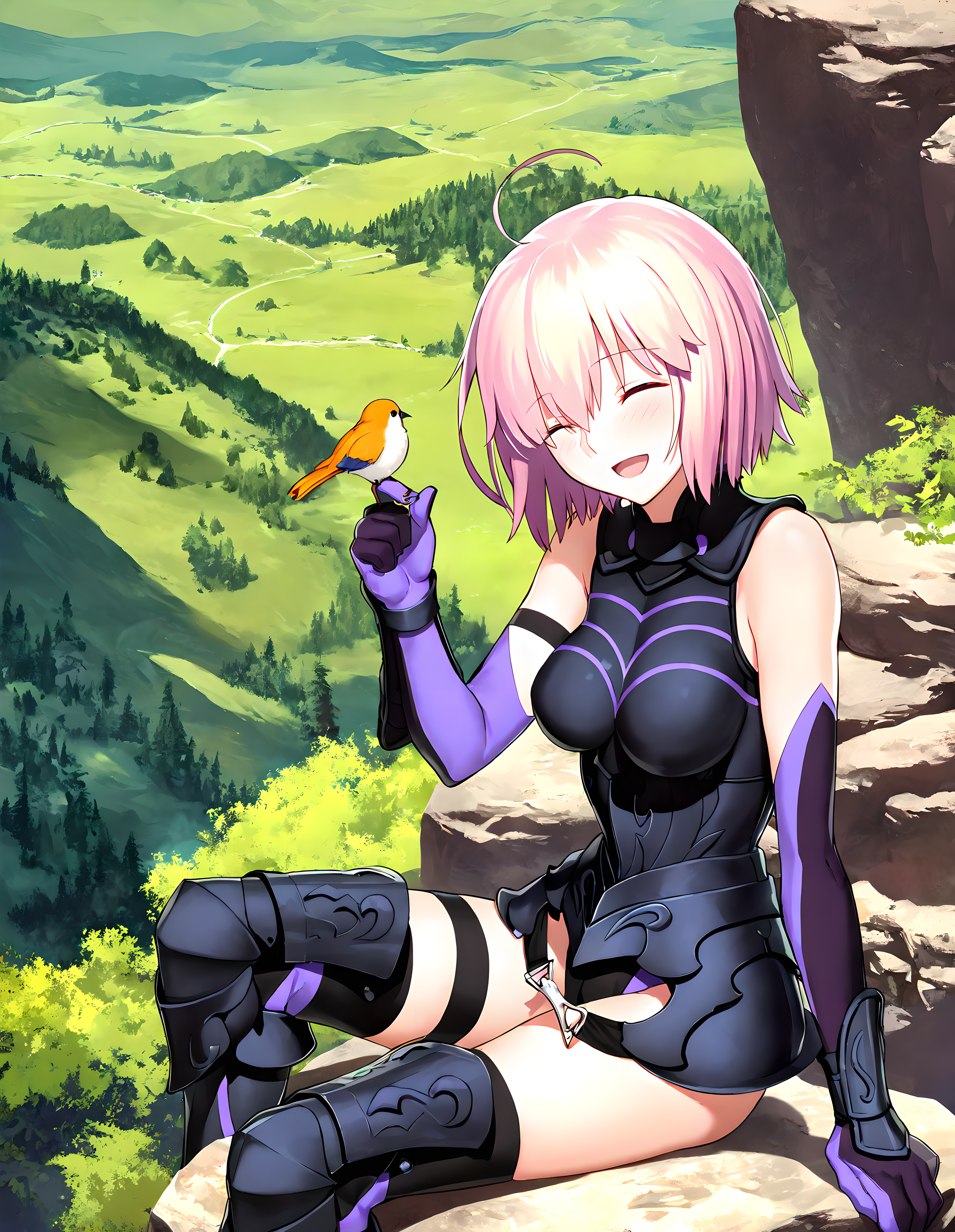 <lora:illustrious_XL_mash:0.9>,mash,masterpiece,best quality,good quality,1girl,solo,bare shoulders,black armor,black leotard,elbow gloves,purple gloves,thigh strap,armored boots,nature,hills,bird,sitting_on_rock,bird on the finger,cowboy_shot,smile,:d,closed eyes,light_blush,