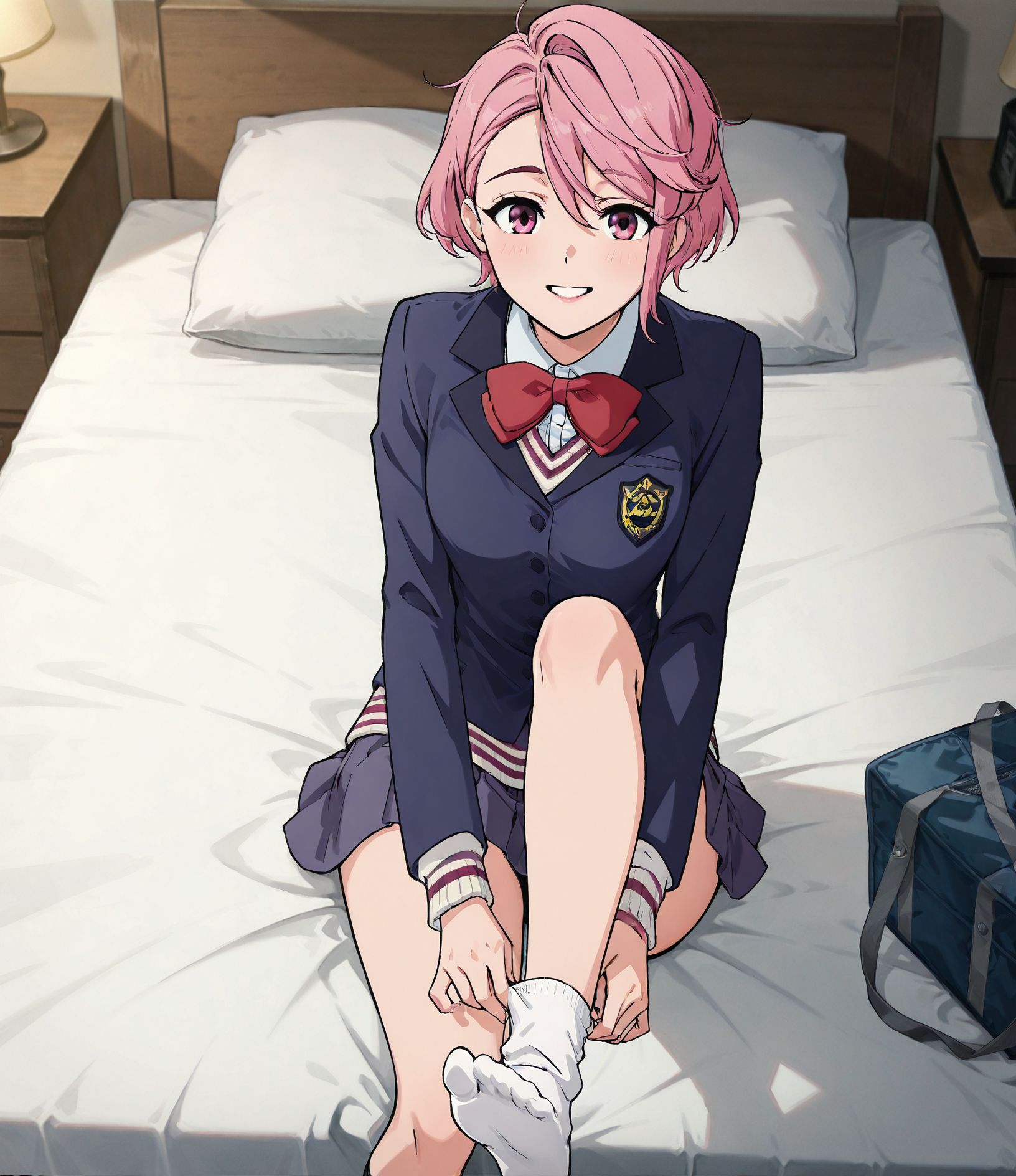 masterpiece,best quality,amazing quality,very aesthetic,absurdres,newest, huge filesize, anime screenshot,  volumetric lighting,
<lora:spo_sdxl_10ep_4k-data_lora_webui:0.5>,dandadan, official art, 
dressing socks, adjusting legwear, feet, sitting, skirt, leg up, soles, toes, sock pull, on bed, foreshortening, <lora:dressingsocks_Illust_v1:0.8> from above, wide shot, looking at viewer, grin, open mouth, 
BREAK
<lora:AiraShiratori-IL-v1-07:0.8>, ChopioAira, short hair, pink hair, swept bangs, hair between eyes, lips, pink eyes,small breasts, narrow waist, outfit_1, blazer, blue jacket, collared shirt, red bowtie, long sleeves, pleated skirt, blue skirt, miniskirt,
ye