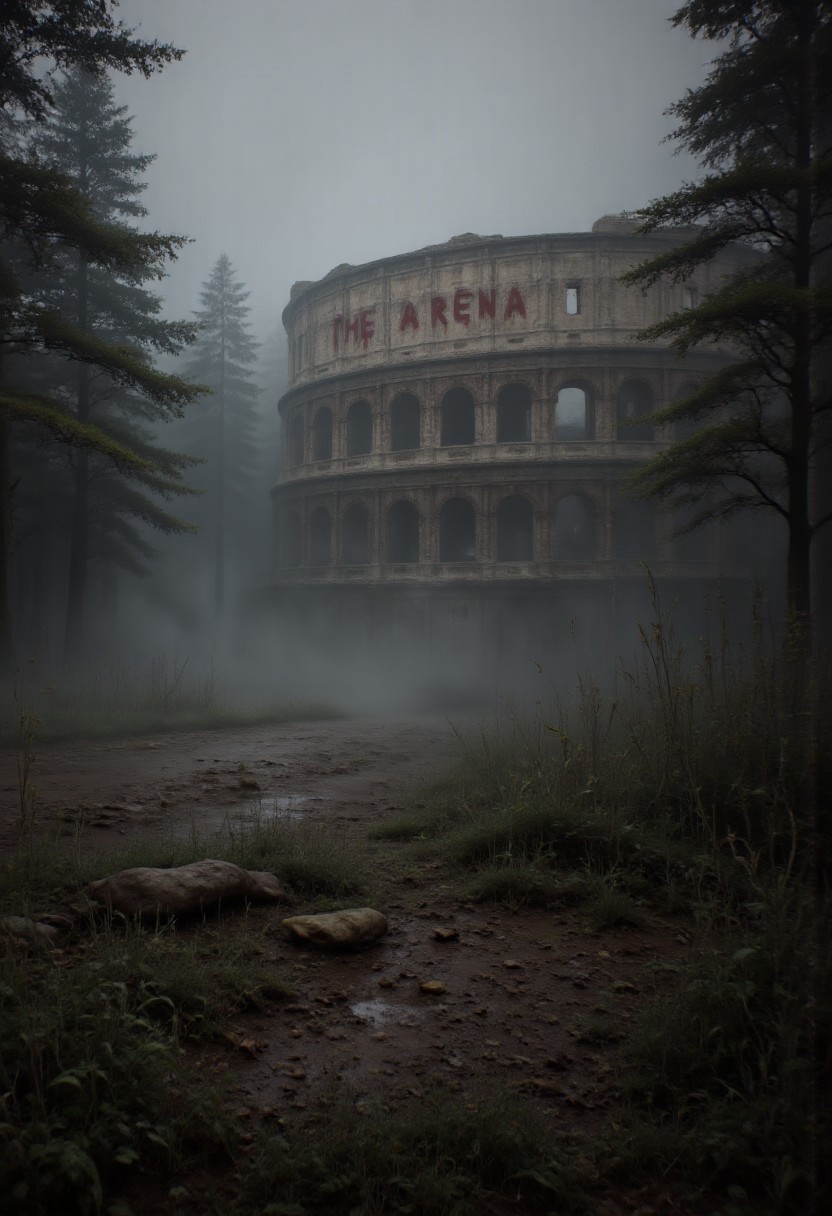 Horror movie scene, mist, forest of scariest trees a Colosseum can be seen, walls of the colosseum are filled with blood stains, with text:"The Arena" made with blood , aidmaabdhr, aidmaTextImprover
