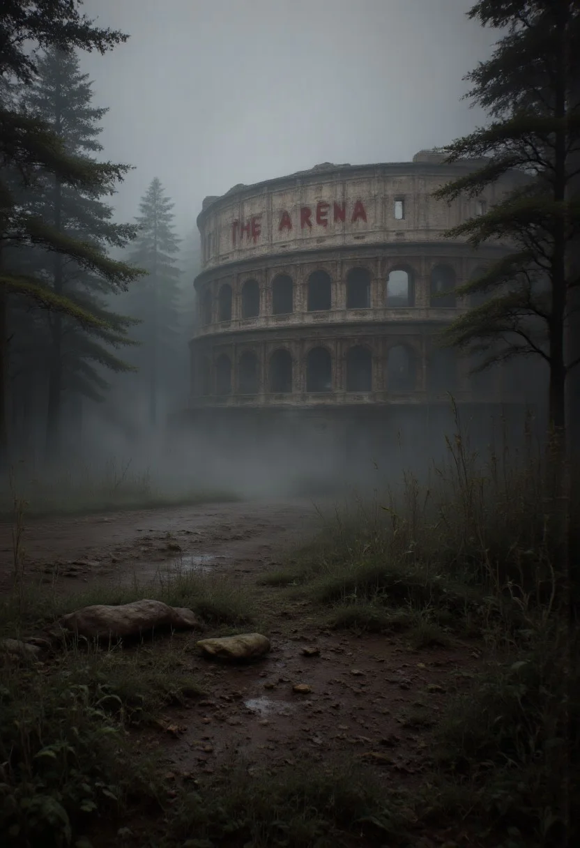 Horror movie scene, mist, forest of scariest trees a Colosseum can be seen, walls of the colosseum are filled with blood stains, with text:"The Arena" made with blood , aidmaabdhr, aidmaTextImprover