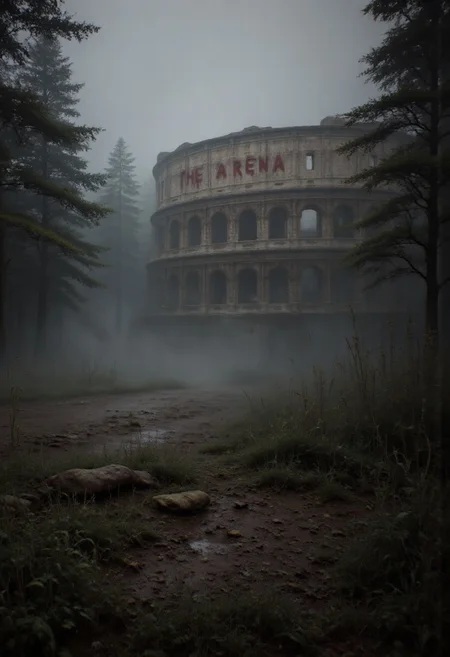 Horror movie scene, mist, forest of scariest trees a Colosseum can be seen, walls of the colosseum are filled with blood stains, with text:"The Arena" made with blood , aidmaabdhr, aidmaTextImprover