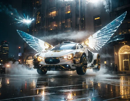 shine colorful,analog photo,glowing particle,glowing wings, white and brass science fiction hovering industrial luxury car by a downtown hotel, science fiction, cinematic lighting, night time, volumetric light, imax, dslr, highly detailed, volumetric fog, dystopian vibes, dutch angle, cinematic angle,masterpiece,best quality,<lora:Shine_colorful_XL_15E2B3A3C_RT:1>,