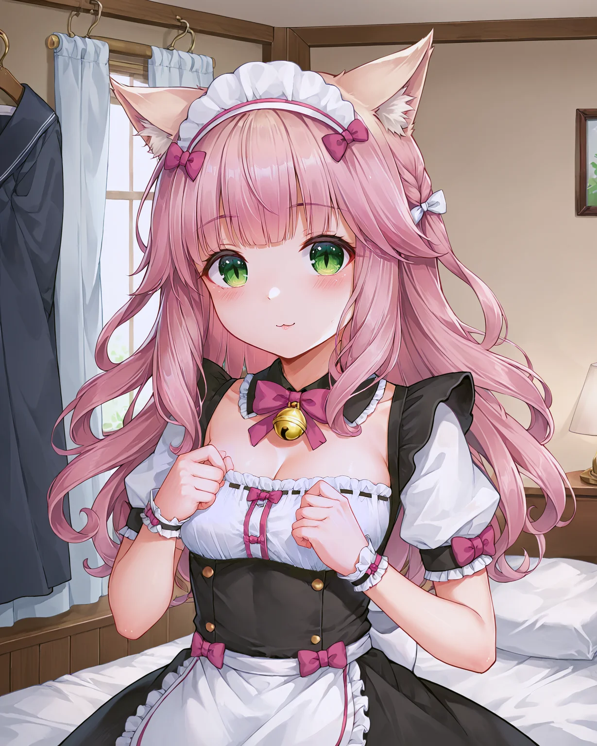 <lora:Neko_Fraise_XL:0.7> fraise, pink hair, bangs, blunt bangs, curly hair, green eyes, cat girl, cat ears, pointy cat ears, cat tail, bow, pink bow, ribbon, bell, neck bell, hair ribbon, maid headdress, maid, frills, clothing cutout, cleavage cutout, short sleeves, puffy sleeves, wrist cuffs, puffy short sleeves, apron, waist apron, frilled apron, upper body,, <lora:9_Detail_Tweaker_XL:0.8>, score_9, score_8_up, score_7_up, source_anime, masterpiece, best quality, highly detailed background, cinematic lighting, detailed eyes, perfect face,, lazy, teenager room, messy, bedroom, bed sheet, closet,