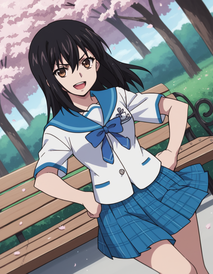 score_9, score_8_up, score_7_up, source_anime, <lora:yukina-himeragi-s1-ponyxl-lora-nochekaiser:1>, yukina himeragi, long hair, black hair, brown eyes, medium breasts,, skirt, bow, school uniform, pleated skirt, serafuku, sailor collar, blue skirt, plaid, blue bow,, park, cherry blossoms, bench, gentle breeze, peaceful, running, open mouth,, smile, looking at viewer, smug, hands on hips,, solo,, cowboy shot, dutch angle