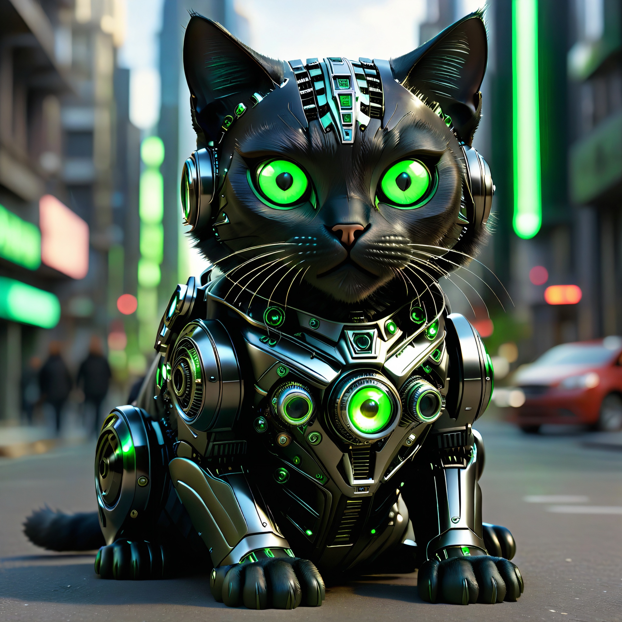 sitting hybrid full bio-mechanical cat with black metallic fur and green glowing camera eyes in the streets in a futuristic mega city on a generation spacecraft