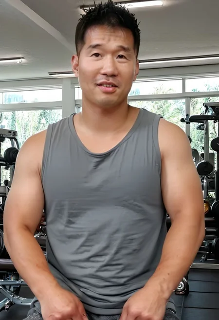 (((htkangface))), daddy,  natural face expression, (((detailed HtKangface))), fixed htKangface Photorealistic, realistic, masterpiece, intricate details, detailed background, depth of field, photo of a handsome, dynamic pose, natural face expression, (((looking at viewer))), high detail, high quality, male focus, ((full body)), ((serious)), ((gym background)), training, ((tank top))