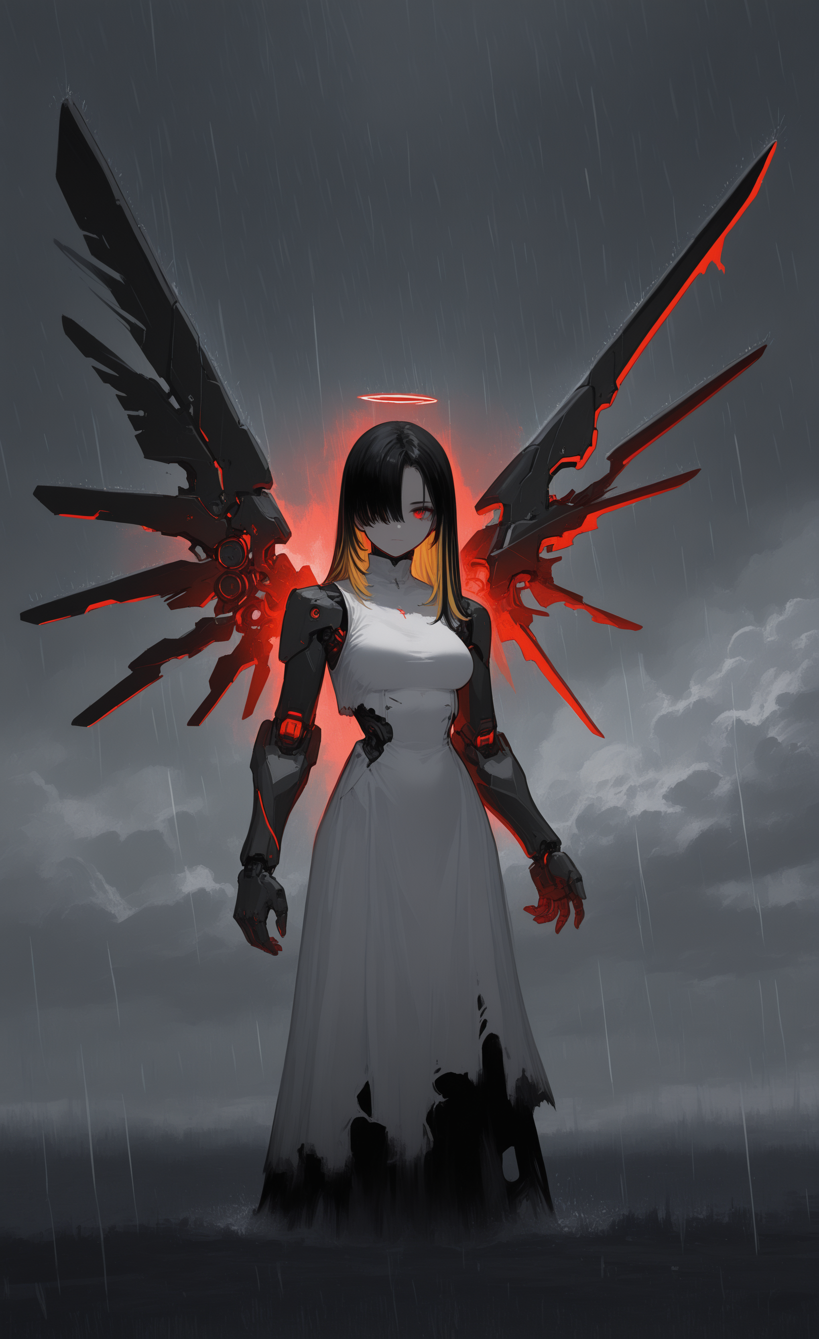 masterpiece, best quality, good quality, newest, highres, absurdres, 1girl, solo, long hair, breasts, looking at viewer, blonde hair, black hair, red eyes, dress, multicolored hair, outdoors, wings, sky, cloud, white dress, hair over one eye, streaked hair, halo, torn clothes, sleeveless dress, glowing, headgear, cloudy sky, rain, mechanical arms, cyborg, prosthesis, mechanical wings, overcast, mcnm,
G0zeNA_illu, abstract, surreal <lora:illustriousXL_stabilizer_v1.23:0.3> <lora:NOOB_vp1_detailer_by_volnovik_v1:0.3> <lora:ponyv6_noobE11_2_adamW-000017:0.3> <lora:G0zeNA_style:0.8> <lora:MechaKnightsIL:0.7>