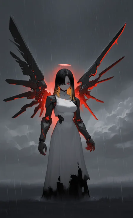 masterpiece, best quality, good quality, newest, highres, absurdres, 1girl, solo, long hair, breasts, looking at viewer, blonde hair, black hair, red eyes, dress, multicolored hair, outdoors, wings, sky, cloud, white dress, hair over one eye, streaked hair, halo, torn clothes, sleeveless dress, glowing, headgear, cloudy sky, rain, mechanical arms, cyborg, prosthesis, mechanical wings, overcast, mcnm,
G0zeNA_illu, abstract, surreal <lora:illustriousXL_stabilizer_v1.23:0.3> <lora:NOOB_vp1_detailer_by_volnovik_v1:0.3> <lora:ponyv6_noobE11_2_adamW-000017:0.3> <lora:G0zeNA_style:0.8> <lora:MechaKnightsIL:0.7>
