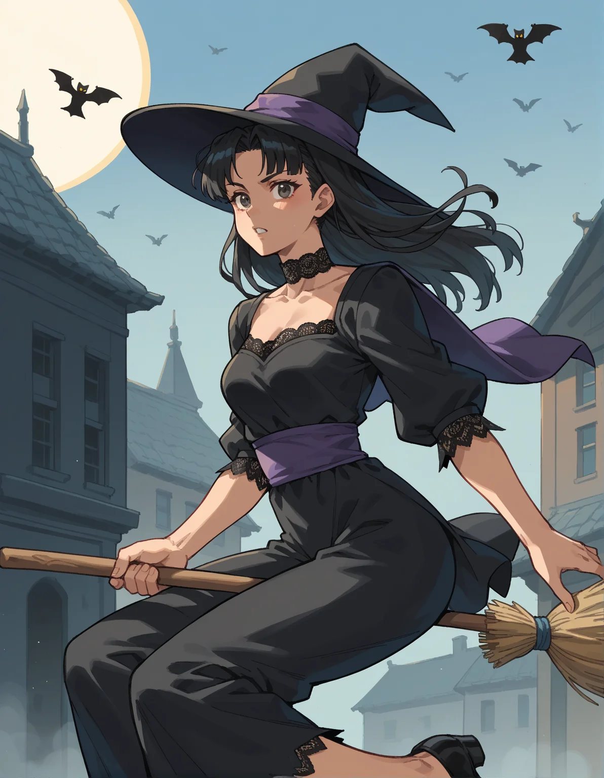 Street Fighter style score_9, score_8_up, score_7_up, score_6_up, score_5_up, score_4_up, hud_br00m, 1girl, solo, broom, Charcoal grey period ballgown with layers of tulle, lace trim, adramatic feathered collar, art by Ayami Kojima, broom riding, long black hair, witch hat, <lora:hud_br00m_XLP:0.8>, flying