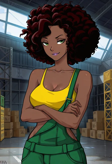 safe_pos, masterpiece, best quality, amazing quality, BREAK, dynamic angle, high quality, 1girl, solo, luanapl, dark-skinned female, afro, green eyes, green overalls, yellow crop top, perky breasts, cleavage, looking at viewer, smirk, arms crossed, warehouse, detailed scenery