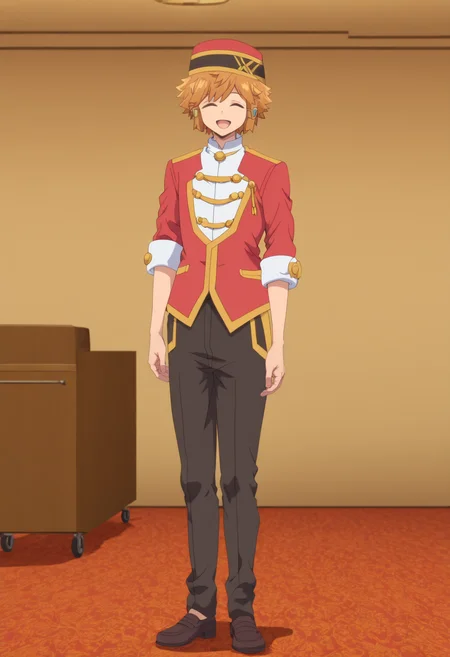 masterpiece,best quality,newest,absurdres,highres,lloyd belladonna,solo,smile,open mouth,1boy,hat,standing,full body,closed eyes,sleeves rolled up,male focus,shoes,pants,uniform,cart,waiter uniform,waiter,black pants,anime screenshot,<lora:lasdanV2_noob:1>,red jacket,hotel,indoors,