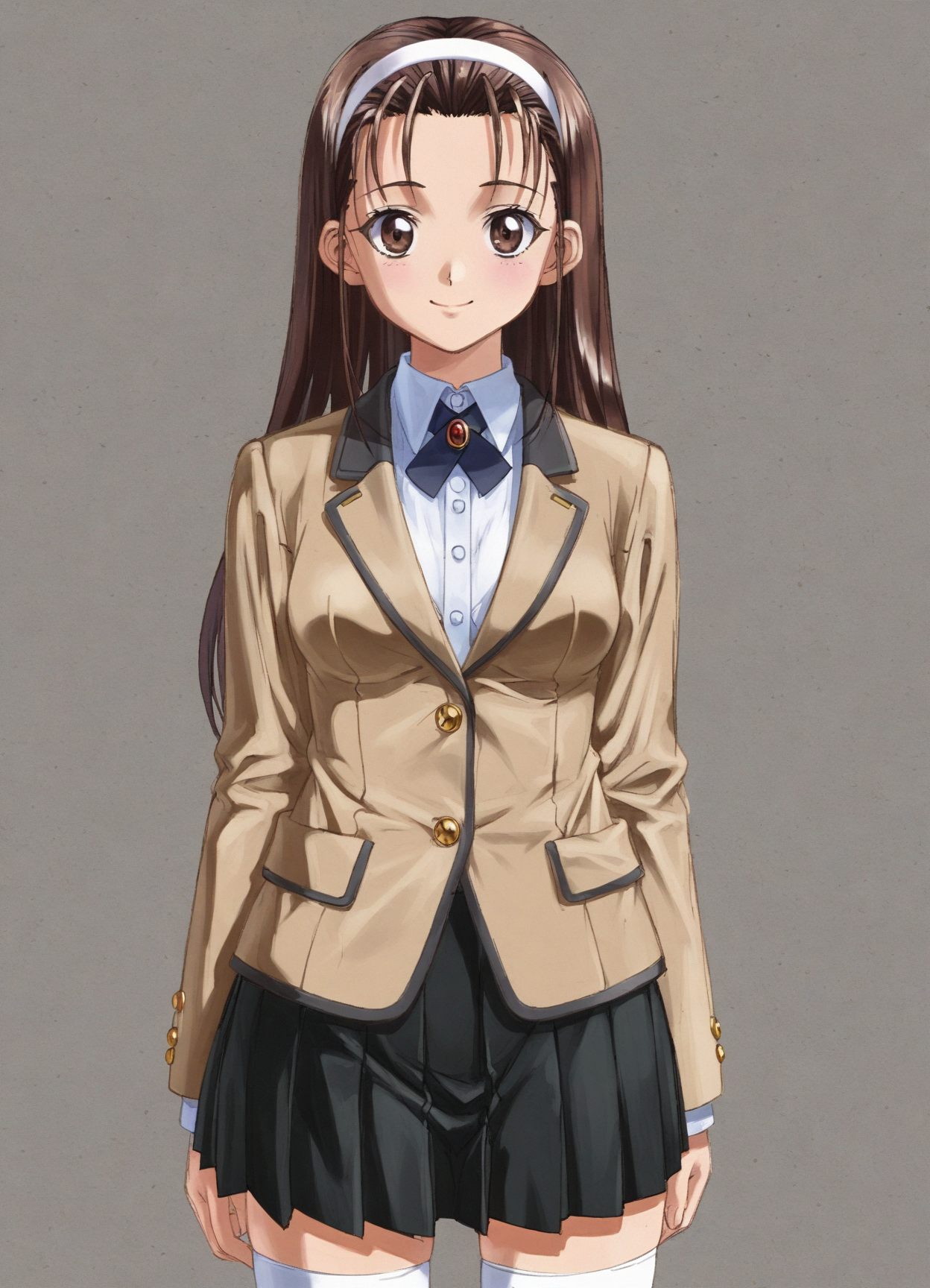 score_9, score_8_up, score_7_up, masterpiece, best quality, absurdres, official art, official style, anime screencap, megami magazine, zPDXL2, zPDXLxxx, <lora:Itsuki Haruka (Escalation -Hard Core-) Pony v1_epoch_10:0.7>, 1girl, solo focus, itsuki_haruka, large breasts, BREAK, tareme, brown eyes, BREAK, black hair, brown hair, long hair, bangs, sidelocks, forehead, BREAK, white hairband, hairband, BREAK, school uniform, blazer, brown jacket, long sleeves, buttons, BREAK, white shirt, BREAK, miniskirt, pleated skirt, black skirt, BREAK, white legwear, BREAK, loafers, BREAK, <lora:neg4all_bdsqlsz_xl_V91:1.0> <lora:ALTXL_pony_0061_8:2.0>, <lora:detailed_hands-000002:1>, hand cowboy shot, looking at viewer, smile, (open mouth:0.5), (simple background, white background:1.1),