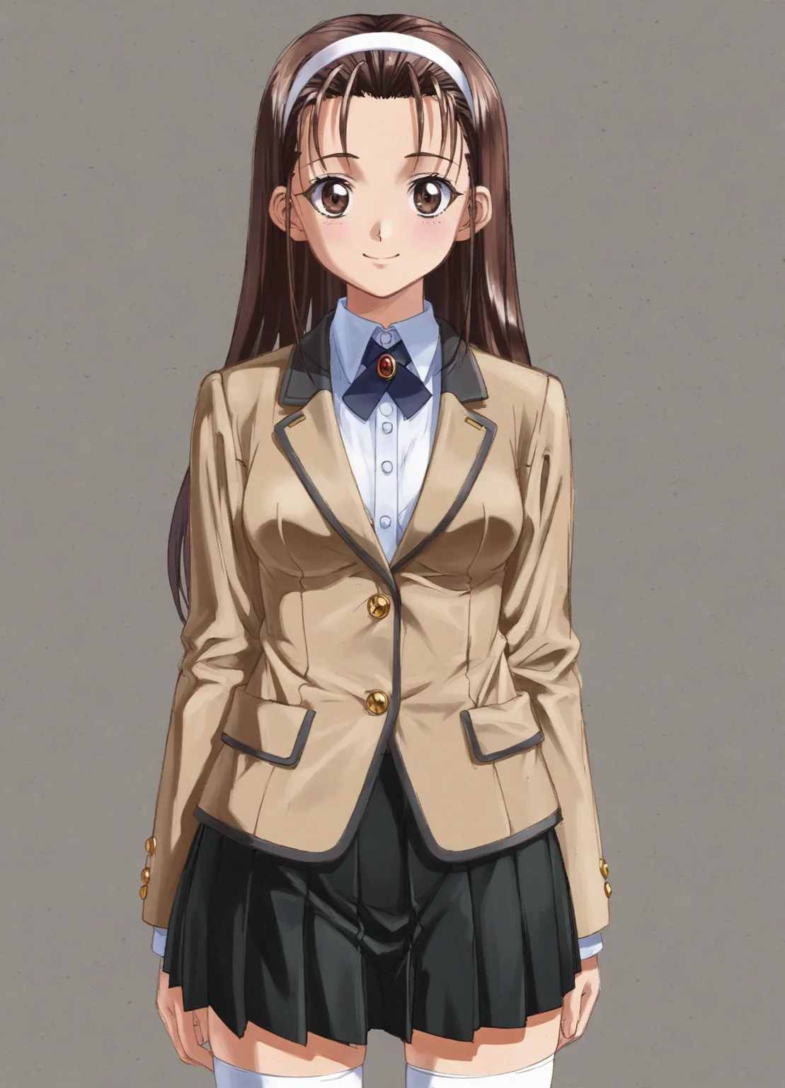 score_9, score_8_up, score_7_up, masterpiece, best quality, absurdres, official art, official style, anime screencap, megami magazine, zPDXL2, zPDXLxxx, <lora:Itsuki Haruka (Escalation -Hard Core-) Pony v1_epoch_10:0.7>, 1girl, solo focus, itsuki_haruka, large breasts, BREAK, tareme, brown eyes, BREAK, black hair, brown hair, long hair, bangs, sidelocks, forehead, BREAK, white hairband, hairband, BREAK, school uniform, blazer, brown jacket, long sleeves, buttons, BREAK, white shirt, BREAK, miniskirt, pleated skirt, black skirt, BREAK, white legwear, BREAK, loafers, BREAK, <lora:neg4all_bdsqlsz_xl_V91:1.0> <lora:ALTXL_pony_0061_8:2.0>, <lora:detailed_hands-000002:1>, hand cowboy shot, looking at viewer, smile, (open mouth:0.5), (simple background, white background:1.1),