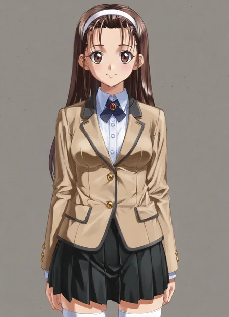 score_9, score_8_up, score_7_up, masterpiece, best quality, absurdres, official art, official style, anime screencap, megami magazine, zPDXL2, zPDXLxxx, <lora:Itsuki Haruka (Escalation -Hard Core-) Pony v1_epoch_10:0.7>, 1girl, solo focus, itsuki_haruka, large breasts, BREAK, tareme, brown eyes, BREAK, black hair, brown hair, long hair, bangs, sidelocks, forehead, BREAK, white hairband, hairband, BREAK, school uniform, blazer, brown jacket, long sleeves, buttons, BREAK, white shirt, BREAK, miniskirt, pleated skirt, black skirt, BREAK, white legwear, BREAK, loafers, BREAK, <lora:neg4all_bdsqlsz_xl_V91:1.0> <lora:ALTXL_pony_0061_8:2.0>, <lora:detailed_hands-000002:1>, hand cowboy shot, looking at viewer, smile, (open mouth:0.5), (simple background, white background:1.1),
