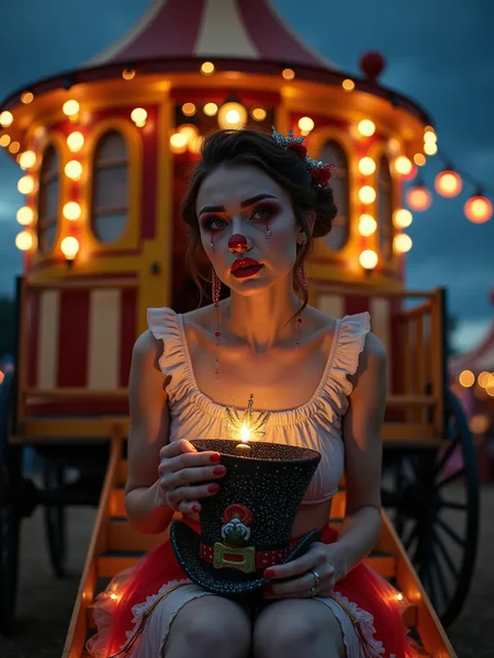 a captivating scene featuring a beautiful Pierrot-style clowness seated on the wooden steps of an intricately designed vintage circus wagon. She should have delicate features, adorned with subtle makeup that highlights her expressive eyes and tear-streaked cheeks, conveying a profound emotional depth.
In her hands, she holds a whimsical magician's hat, richly decorated with ribbons and glittering embellishments. The hat should have a sense of magic, contrasting with the sadness reflected in her demeanor.
Set the scene at night, illuminated by a multitude of colorful lanterns and flickering torches that cast warm, inviting light. The glow should create enchanting patterns on her face and dress, emphasizing her emotional complexity. Surround her with soft, shimmering sparks and a slightly blurred background of other circus performers, hinting at the vibrancy of the circus life that continues despite her sorrow.
The backdrop should contain elements of a vibrant circus atmosphere—think striped tents, scattered props, and twinkling stars in a clear night sky. Incorporate rich colors that enhance the emotional tension: deep blues and purples for the night sky, contrasted with the bright hues of the lanterns.
Capture a moment that blends magic and melancholy, inviting viewers to feel the poignant story of the clowness amidst the lively circus setting.