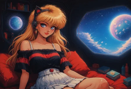 safe_pos, score_9, score_8_up, score_7_up, she is relaxing in spaceship command chair looking out window into the infinite nebula, spaceship, neon, zzCitronCAT,, toys, dramatic lighting, indoors, (big window:1.1), space view, extreme detailed background, (retro futuristic bedroom:1.2), bed, books, bottles, nebula, in space, (starry sky), anchespaceroom 1girl, solo, messy, (skinny), goth, blue eyes, long straight hair, blonde hair, gradiant aqua hair, open hoodie, loosing hoodie, bareshoulder, small breasts, breasts exposed, little pantie, sexy pantie, headset, cat headset, fake cat ears, smile, in tiny bedroom, chilling on bed, looking at window, spaceship, neon, toys, dramatic lighting, indoors, (big window:1.1), space view, extreme detailed background, (retro futuristic bedroom:1.2), bed, books, bottles, nebula, in space, (starry sky), anchespaceroom, 
skirt, shirt, bare shoulders, jewelry, collarbone, short sleeves, cowboy shot, pleated skirt, earrings, striped, off shoulder, makeup, white skirt, off-shoulder shirt, shirt tucked in, multicolored shirt,