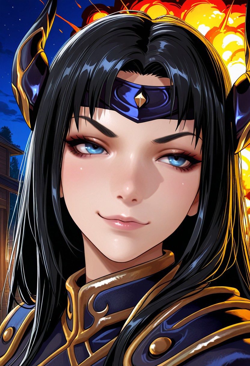 MASTERPIECE, AMAZING QUALITY, 1GIRL, SOLO, R0Z3, PORTRAIT, BLACK HAIR, BLUE EYES, JACKET, HORNS, HEADBAND, NIGHT, SMIRK, BURNING EXPLOSION