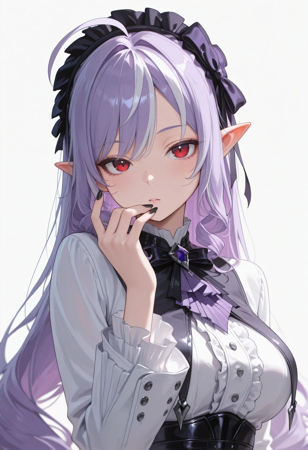 masterpiece,best quality,amazing quality, absurdres, <lora:vivian_zzz_ilxl_goofy:1> vivianZzz,red eyes,ahoge,streaked hair,black hairband,frilled hairband, purple hair, hair bow, 1girl, black nails, breasts, fingernails, white background, long hair, looking at viewer, medium breasts, multicolored hair, pointy ears, simple background, solo, white shirt, center frills, bowtie, plaid skirt, purple ascot, black corset,
